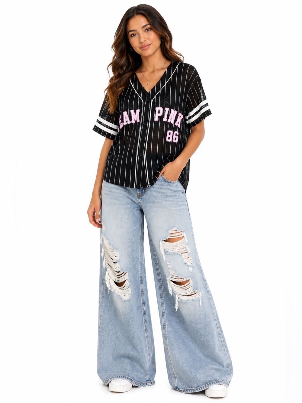 Victoria's Secret PINK Team PINK 86 Baseball Jersey XL Black Pinstripe Mesh Y2K